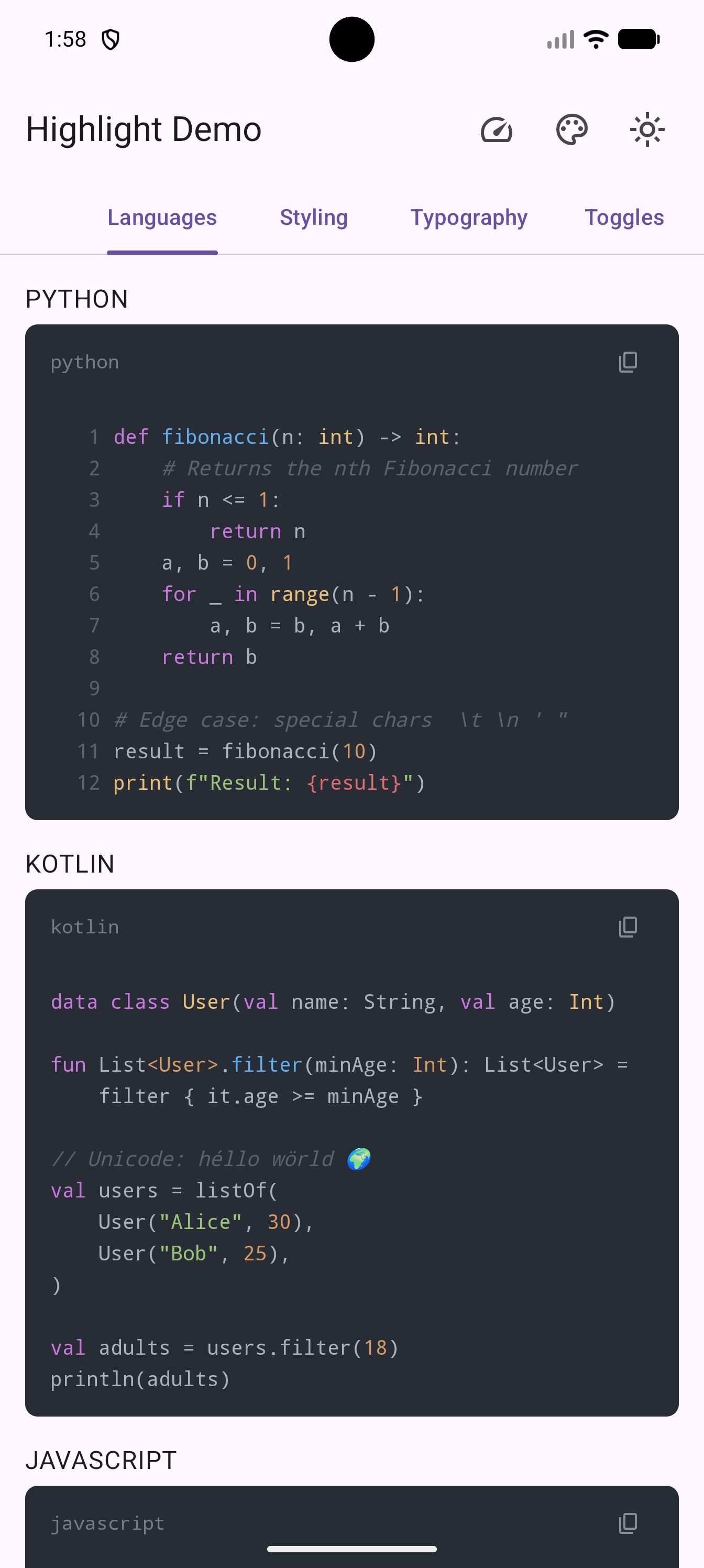 Sample app home screen showing syntax highlighted
code