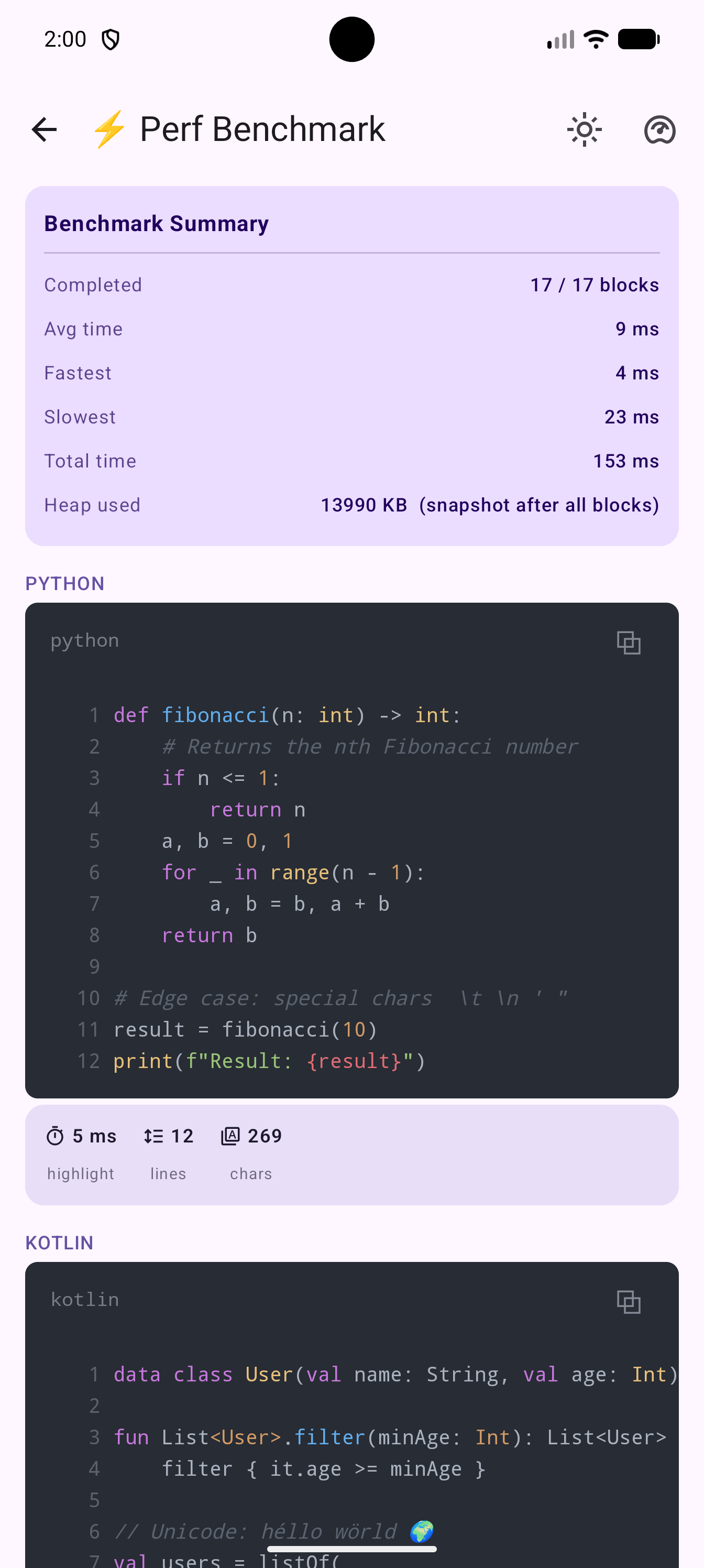 Benchmark performance results for syntax
highlighting