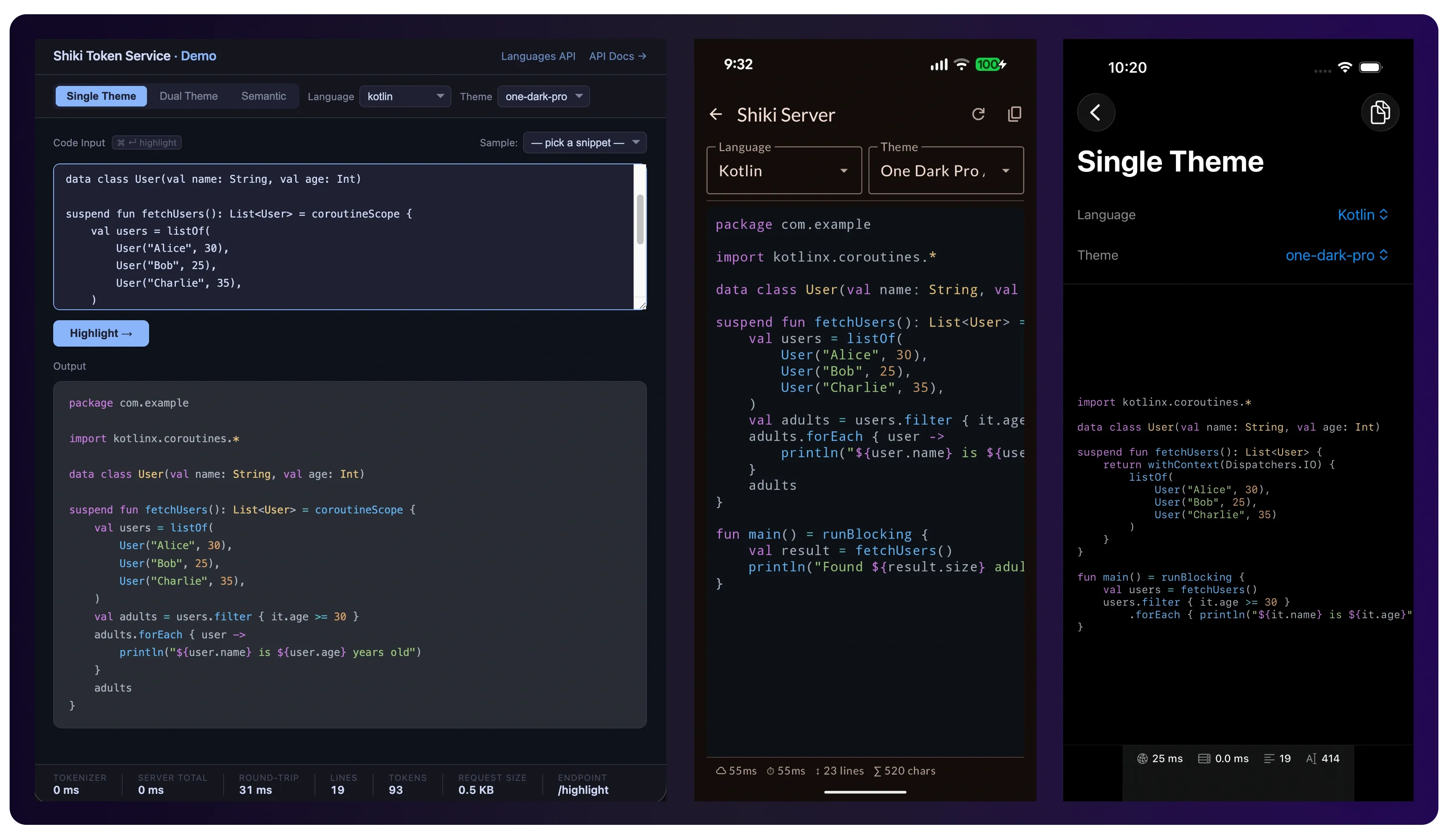 Shiki Token Service rendering syntax highlighting across web, Android, and iOS clients