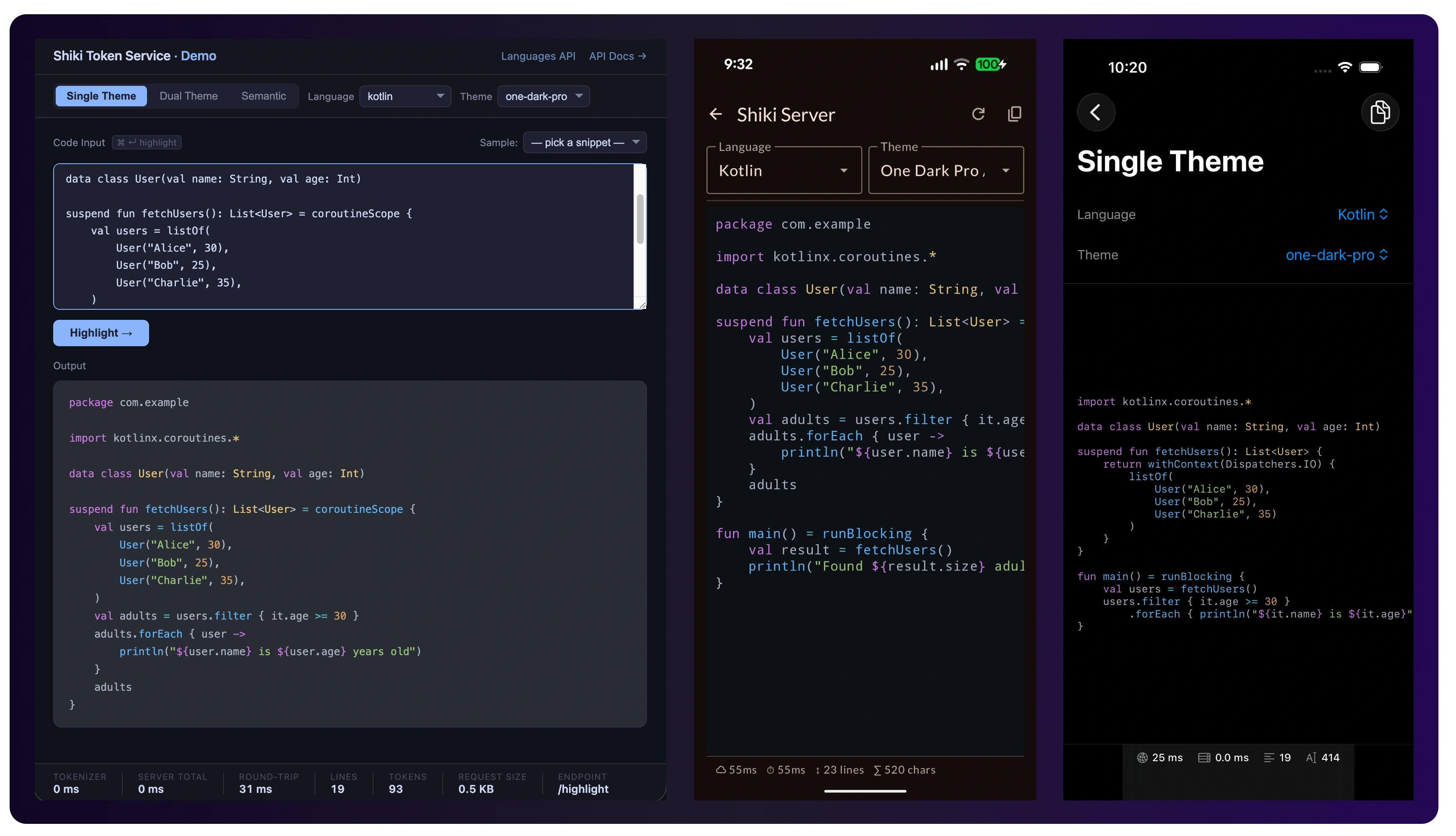 Shiki Token Service rendering syntax highlighting across web, Android, and iOS clients